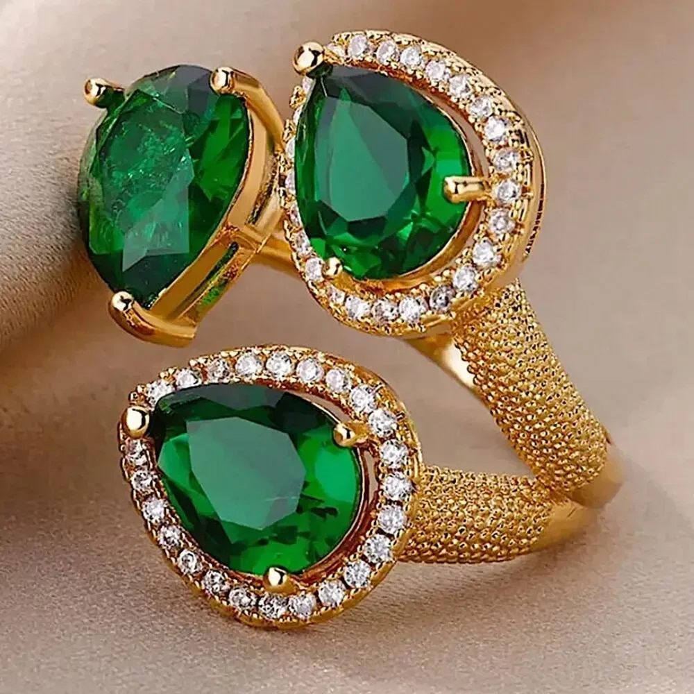 18K GOLD PLATED EMERALD LEAF RING ZIRCON ACCENTS ADJUSTABLE SIZE - Picture 3 of 6